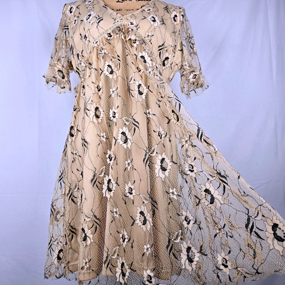 Francescas Beige Floral Lace Short Sleeve V Neck Dress‎ Size Large